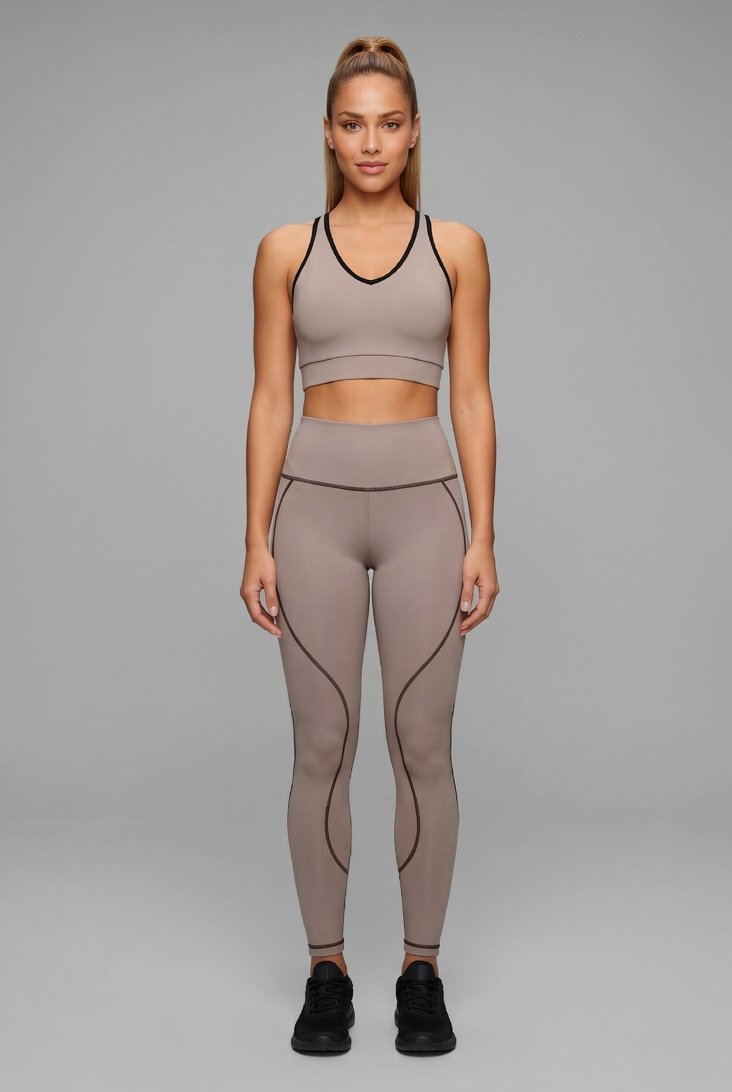 A183. Conjunto Arena Top con Copas y Legging Costuras Contraste Negro 1 conjunto deportivo de top con copas y legging pretina ancha color arena